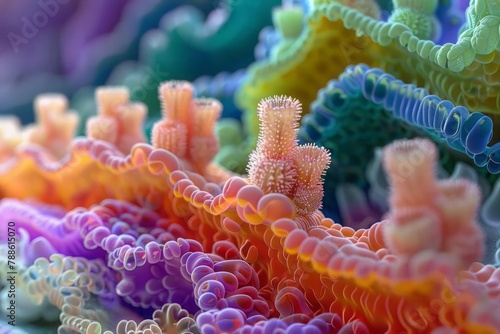 Microscopic view of intestinal villi, nutrient absorption, detailed cross-section photo