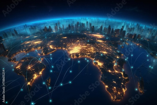 A world where glowing lines symbolize global connectivity to educational resources and platforms via the Internet. The role of technology in providing access to education to people around the world. photo