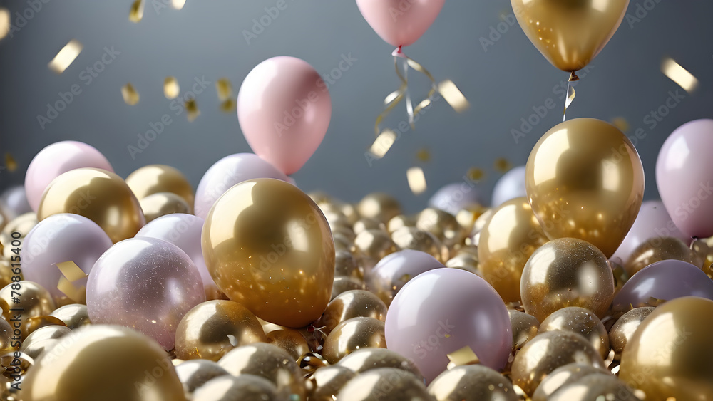 3d render of golden and pink balloons and confetti on grey background 3d render of golden and pink balloons and confetti on grey background