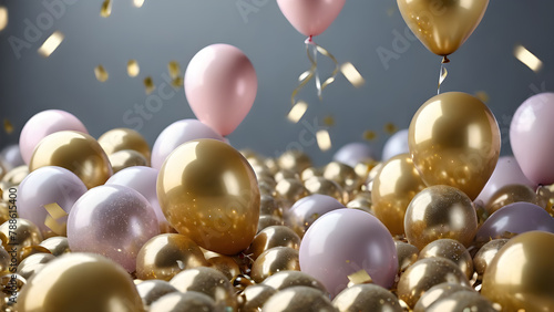 3d render of golden and pink balloons and confetti on grey background