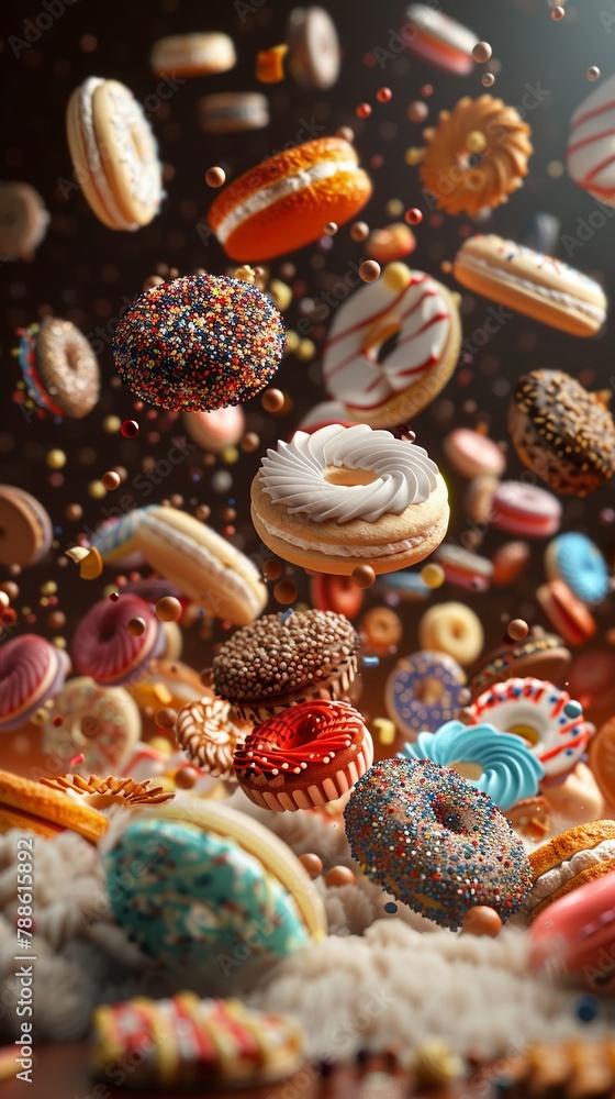 Craft a photorealistic CG 3D rendering of a variety of cookies floating in a mesmerizing wide-angle aerial view Captivate the audience with vibrant colors and flawless details