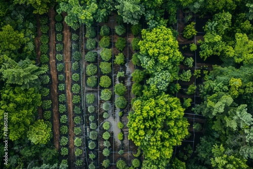 Sustainable forestry, drone reforestation, habitat restoration, aerial view photo