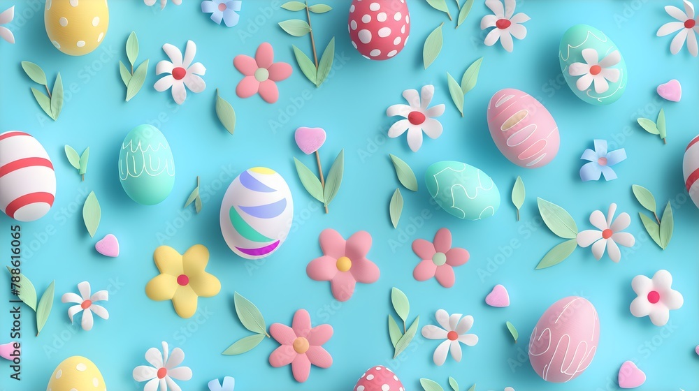 Clay Easter Eggs Spring Flowers Background Seamless Pattern