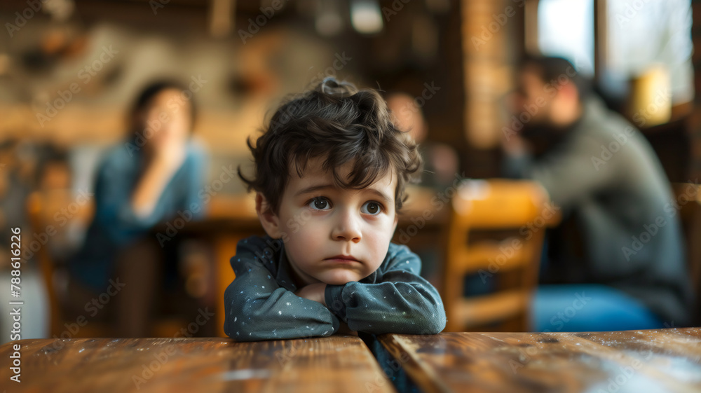 Sad kid with blurred couple fighting at home on background , Domestic violence concept . Sad kid with blurred couple fighting at home on background , Domestic violence concept .