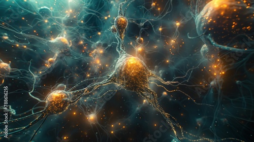 A network of neurons, with electrical impulses traveling along axons and dendrites photo