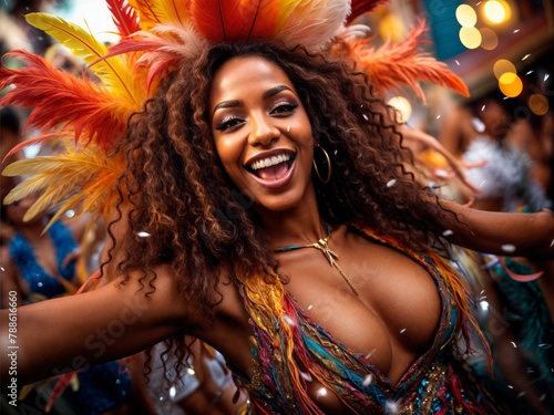 Dance of Vibrance: Brazilian Samba Queen Reigns in a Colorful Feathery Extravaganza.