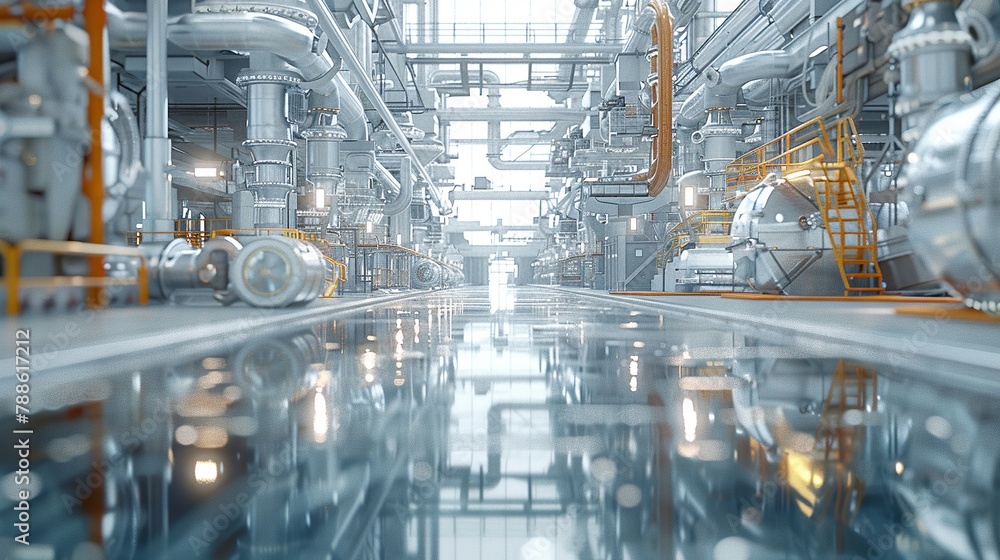 Craft a digital rendering of an eye-level shot inside a sustainable energy plant, featuring intricate machinery and innovative technology Show the harmonious blend of industrial function and environme