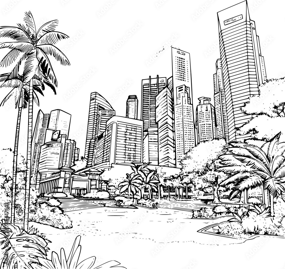 Urban Singapore City Skylines Line Art with Greenery, Detailed Sketch
