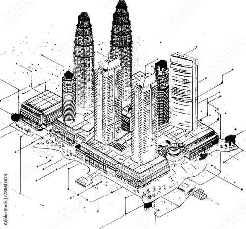 Isometric Wireframe of Singapore City, Minimalistic Hologram