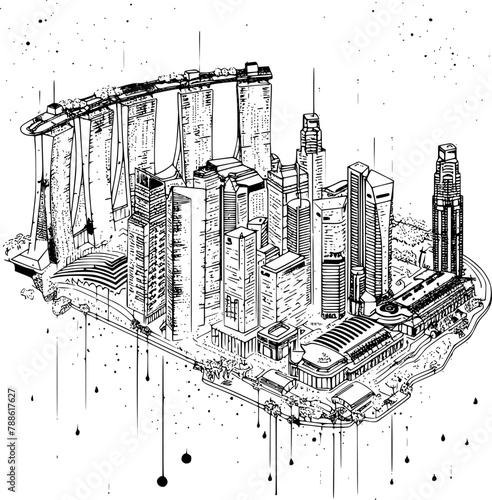 Isometric Wireframe of Singapore City, Minimalistic Hologram