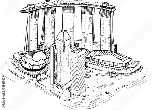 Isometric Wireframe of Singapore City, Minimalistic Hologram