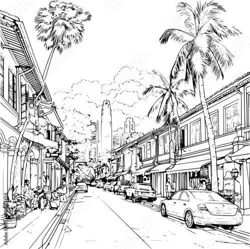 Outline Realistic Image of Sightseeing in Singapore, Coloring Book Illustration
