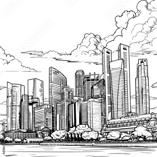 Outline Realistic Image of Sightseeing in Singapore, Coloring Book Illustration