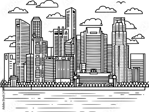 Panoramic Line Vector of Singapore City, Urban Skyline