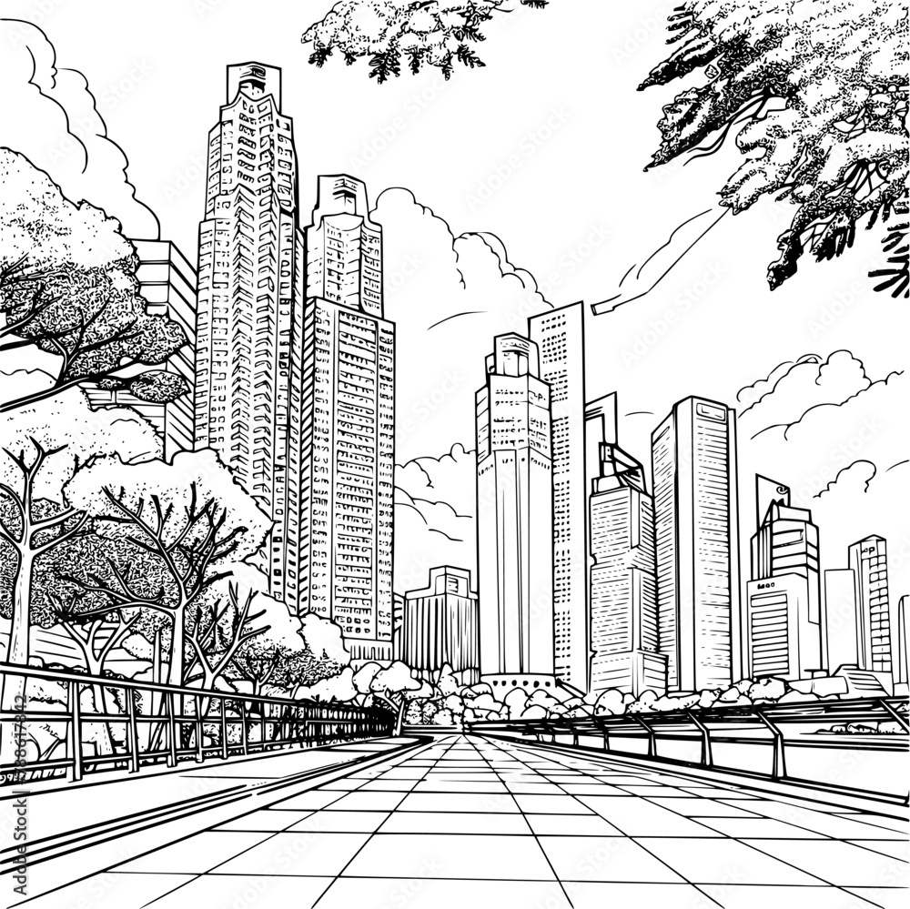 Fototapeta premium Black and White Line Drawing of Singapore City, Timeless Charm