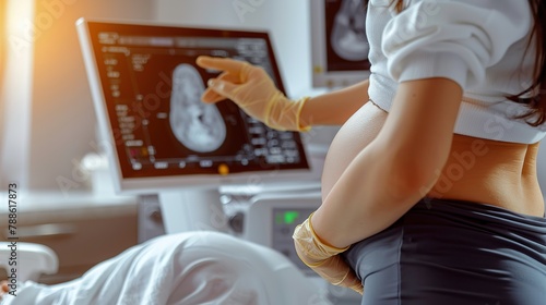 Doctor hand with ultrasonic during ultrasound medicine examination of pregnant patient. Maternity, pregnancy, fertility concept. Future mom checking on the embryo photo
