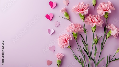 Capture the essence of Mother s Day with a delightful pink gift idea Behold a charming top down arrangement featuring a lovely bouquet of carnation flowers accompanied by paper hearts set a