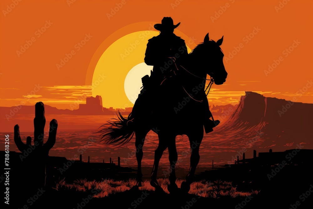 Majestic Silhouette cowboy horse. Lonely and brave rider against endless wasteland. Generate AI