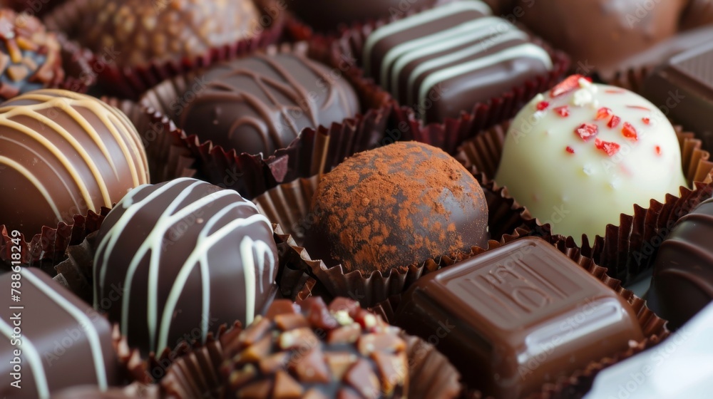 Assorted Gourmet Chocolates in a Box Close-Up Assorted Gourmet Chocolates in a Box Close-Up