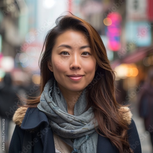Wallpaper Mural modern asian woman, smiling slightly, head shot on busy asian street background Torontodigital.ca