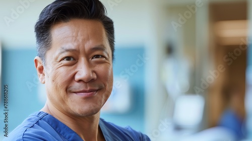 modern friendly asian man doctor in scrubs, smiling slightly, head shot in modern White and blue photo
