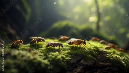 Bugs exploring nature's textures amidst green foliage and moss-covered rocks photo