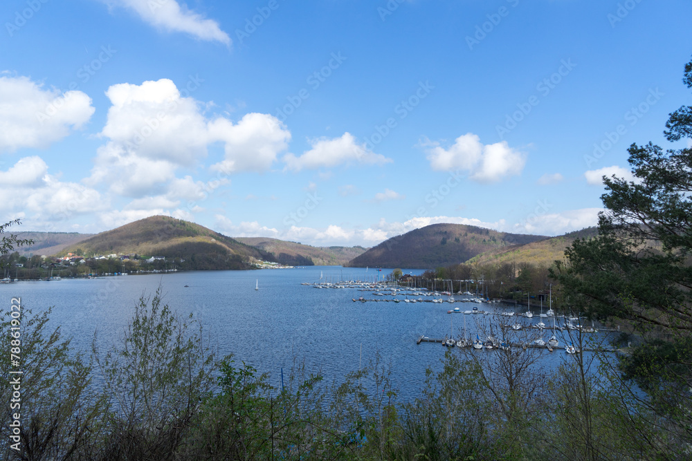 View to the german lake Edersse at the village Rehbach