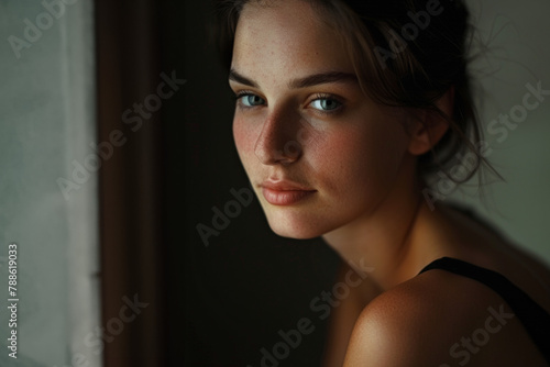 femme brune de trois quart dans la pénombre regardant la camera
