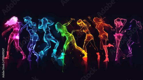 A digital illustration showcasing silhouettes of people dancing  each illuminated by different vibrant neon lights. Perfect depiction of energy  music  and motion.