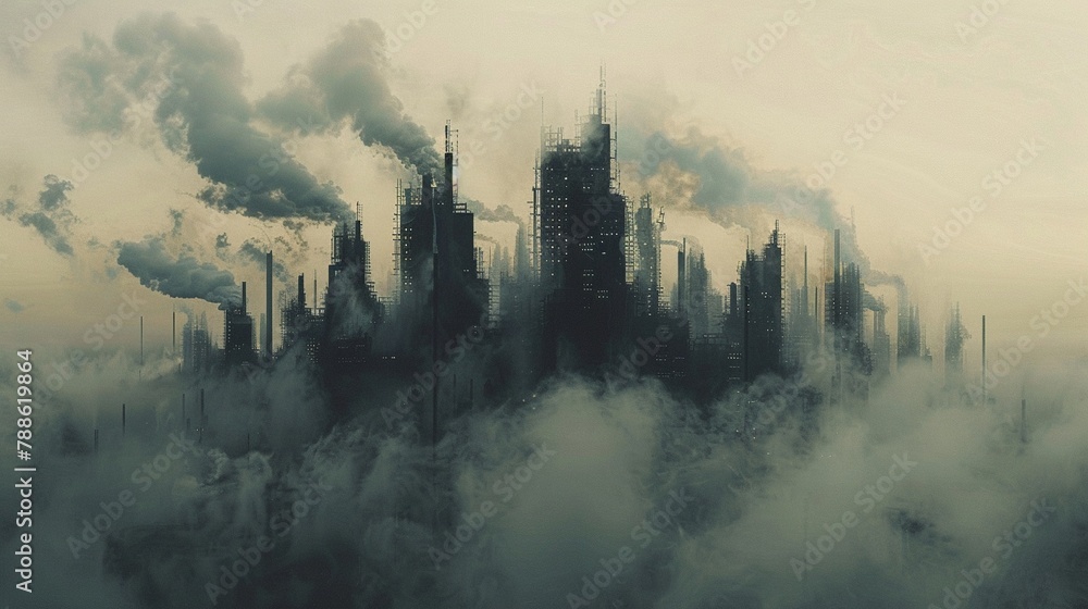 A cityscape clouded with airborne toxins from industrial emissions - obrazy, fototapety, plakaty 