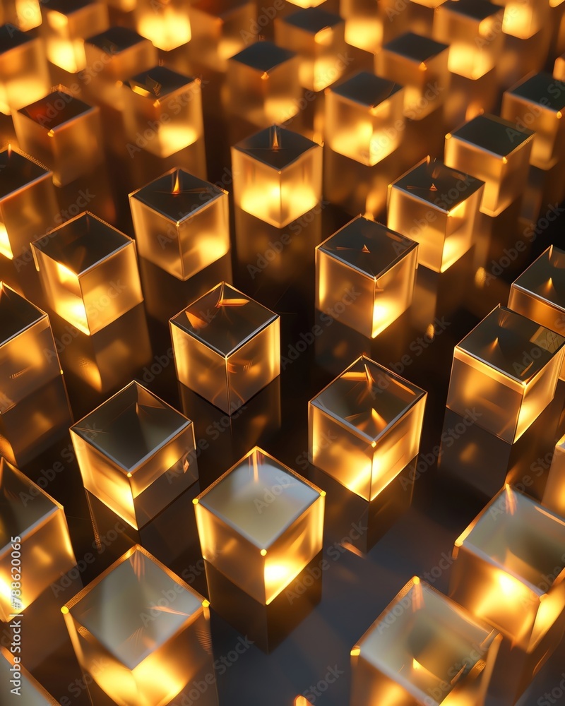 A golden background with cubes of different sizes, glowing in the dark ...