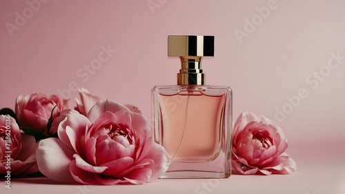 Perfume bottle on pink background Flower props