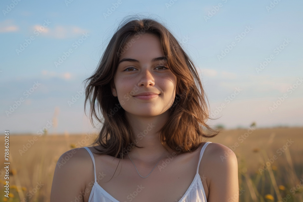 A woman in a white tank top smiles for the camera