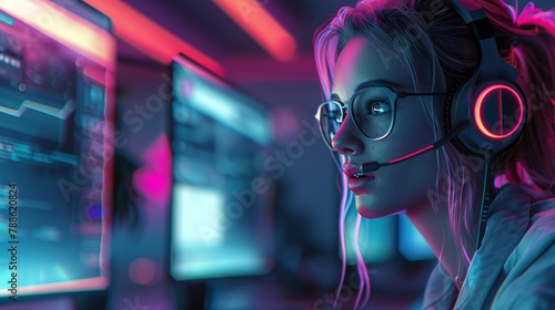 Capture the essence of an efficient support agent in a high-tech call center through a dynamic and engaging vector illustration, showcasing the expert problem-solving skills and modern tech environmen