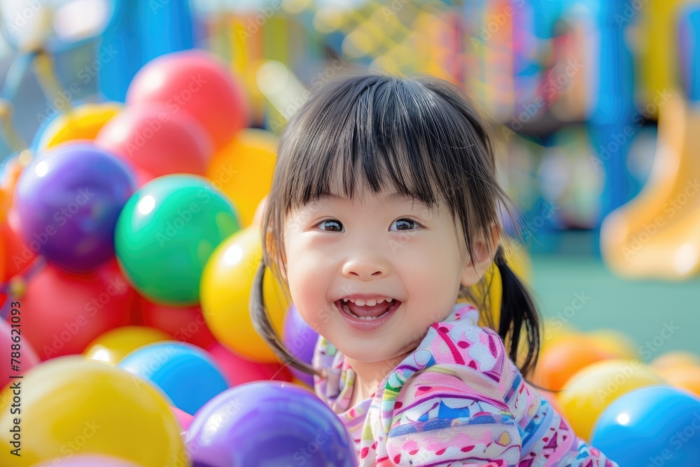 A cheerful Asian toddler girl finds happiness in a colorful playground, playing with plastic balls A cheerful Asian toddler girl finds happiness in a colorful playground, playing with plastic balls