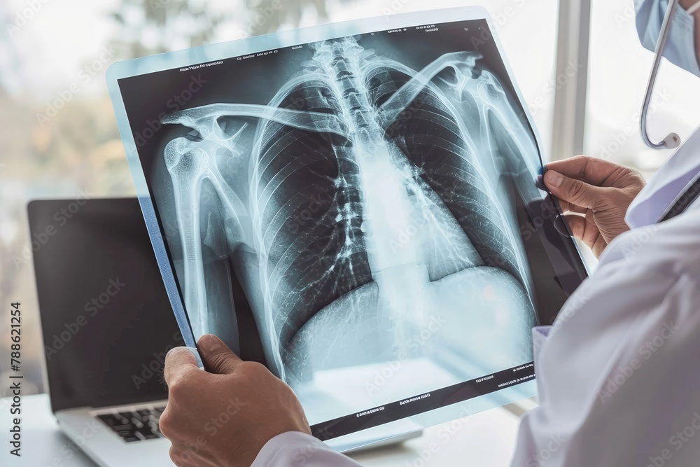 Doctor with radiological chest x-ray film for medical diagnosis on ...