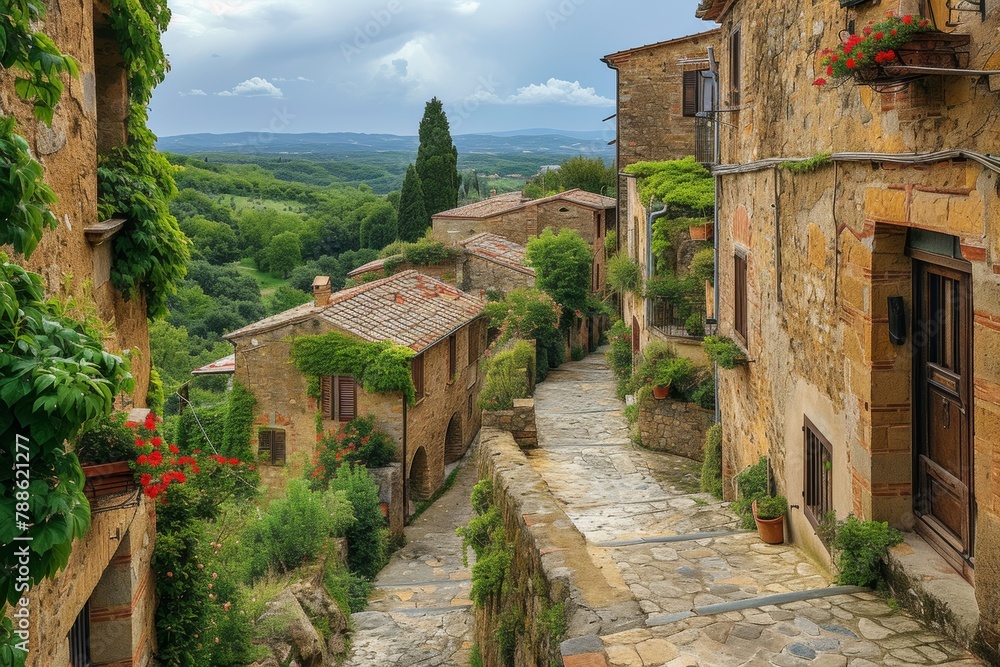 Stone pathway through an ancient Italian village with rustic houses and red flowers