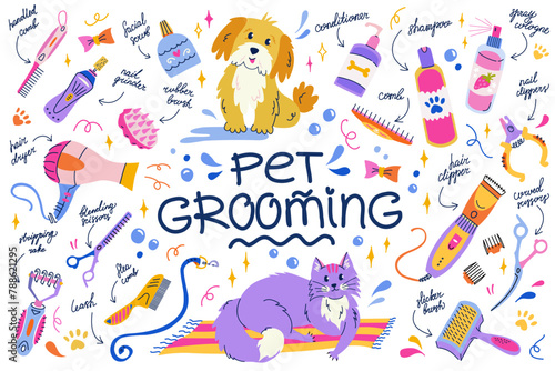 Vector set of equipment and cosmetics for pet grooming in flat style. Home grooming tools isolated sticker for banners, posters and social media. Stripping rake, nail grinder, flea comp