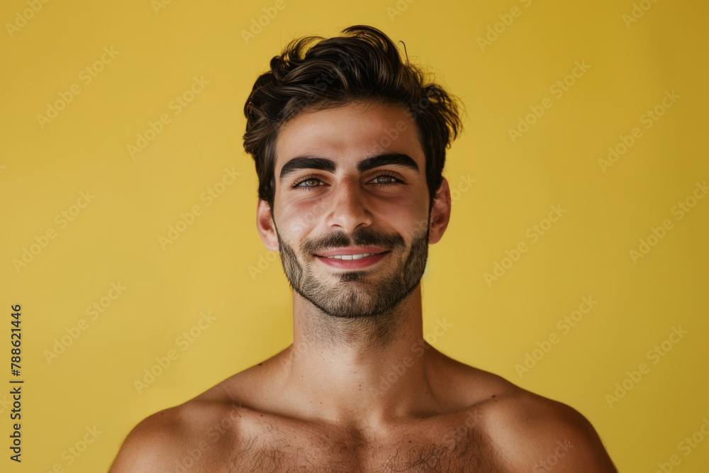 Fototapeta premium A shirtless man with a beard smiles for the camera