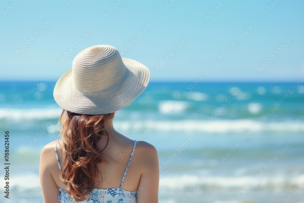 Young beautiful woman in a dress and hat enjoying the sunshine while looking at the ocean