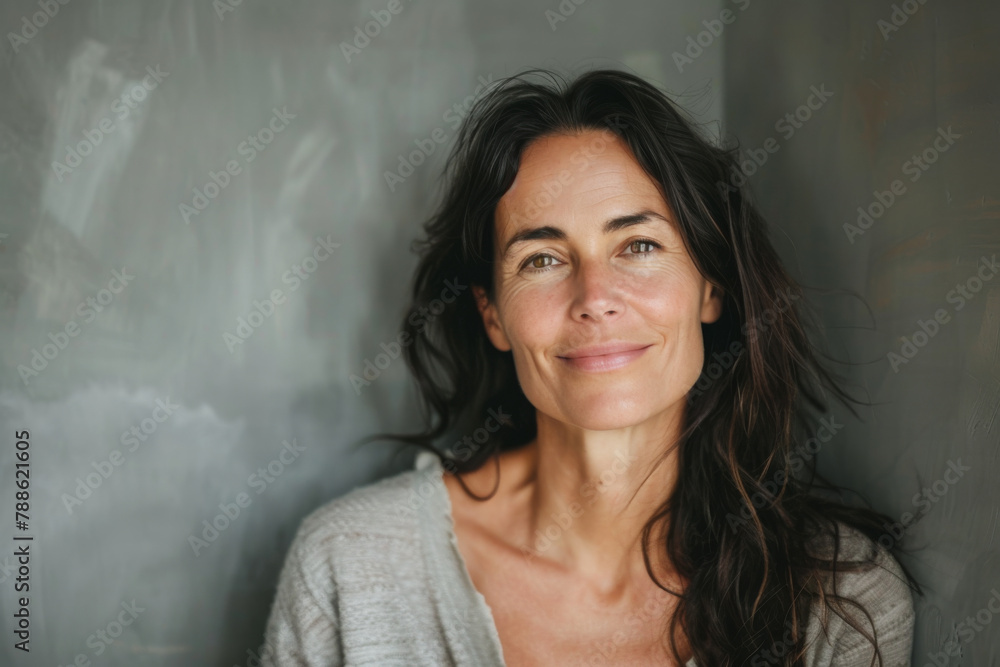 A woman with long dark hair is smiling for the camera A woman with long dark hair is smiling for the camera