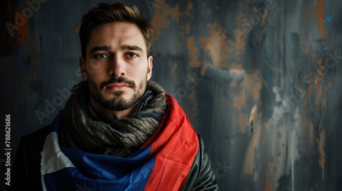 A portrait of a handsome Serbian man highlighted by the vibrant colors of the Serbian flag. Serbian man of natural beauty with a feeling of national pride.