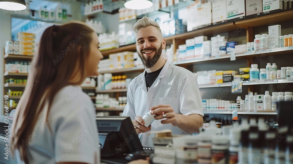 Young man buying in pharmacy with help of female pharmacist. Copy space. Young man buying in pharmacy with help of female pharmacist. Copy space.