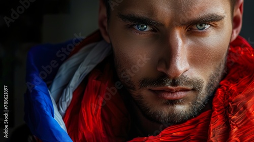 A portrait of a handsome Serbian man highlighted by the vibrant colors of the Serbian flag. Serbian man of natural beauty with a feeling of national pride.