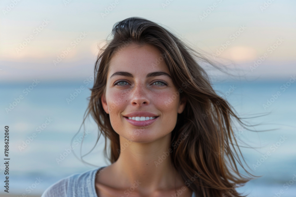 A woman is smiling with her hair blowing in the wind