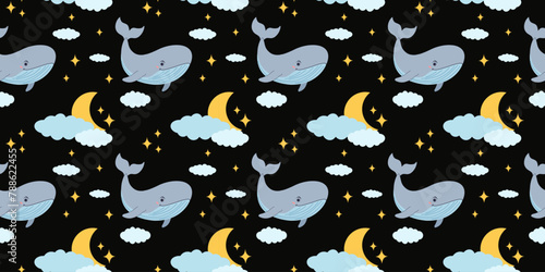 Cute children's pattern with a whale, crescent and stars on a black background. Design for wallpaper, nursery, bedroom, wrapping paper, textile, etc. Vector illustration