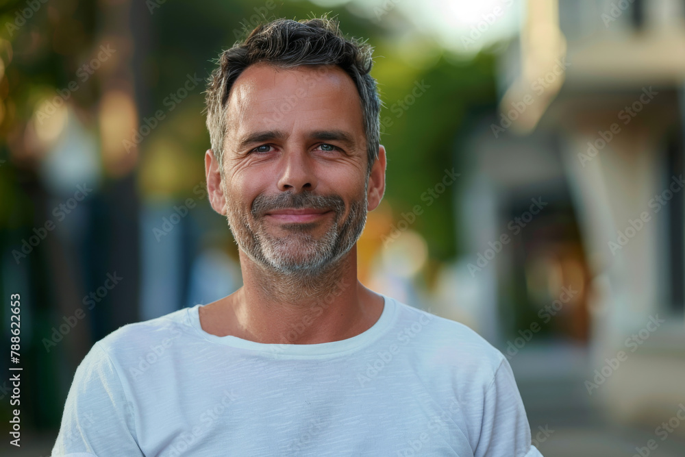 A man with a beard wearing a white shirt smiles for the camera A man with a beard wearing a white shirt smiles for the camera