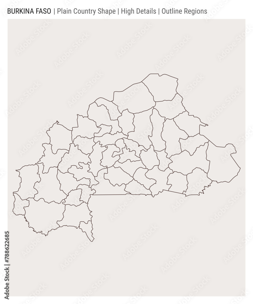 Burkina Faso plain country map. High Details. Outline Regions style. Shape of Burkina Faso. Vector illustration.