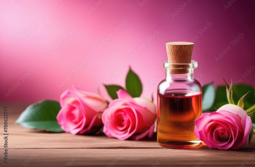 small transparent glass bottle of rose oil on a wooden table, fresh pink flowers, eco-friendly medicinal solution, pink background, sunny day small transparent glass bottle of rose oil on a wooden table, fresh pink flowers, eco-friendly medicinal solution, pink background, sunny day