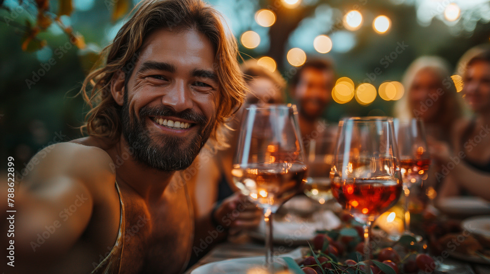 a group of people sitting at a dinner table with selfie a group of people sitting at a dinner table with selfie